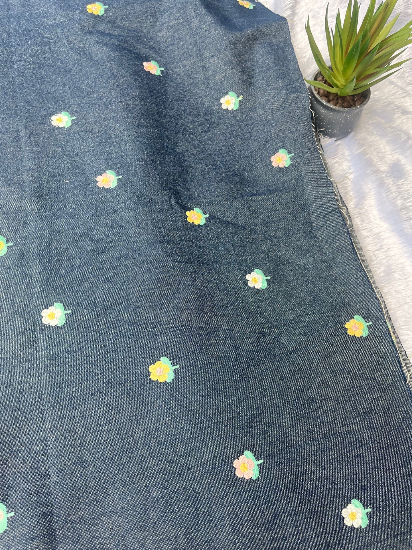 DENIM FABRIC WITH FLOWER EMBROIDERY