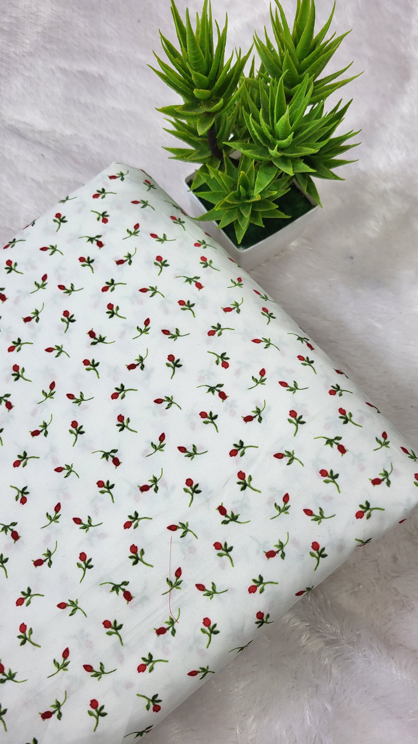 White with red rose buds poplin fabric