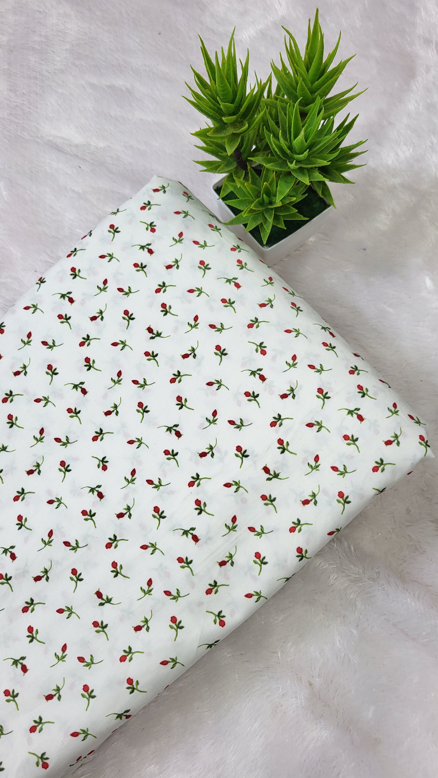 White with red rose buds poplin fabric