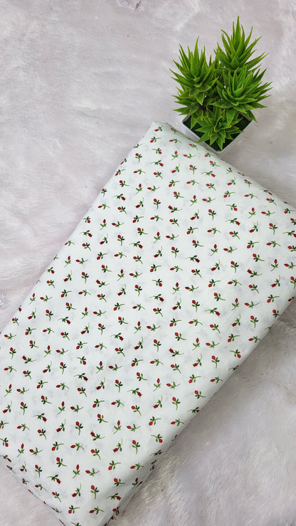 White with red rose buds poplin fabric