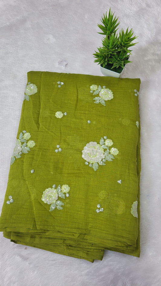 PURE MUL CHANDERI WITH EMBROIDERY AND SEQUENCE WORK