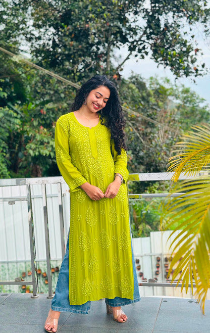 PARROT GREEN SHADE CHIKANKARI KURTI
