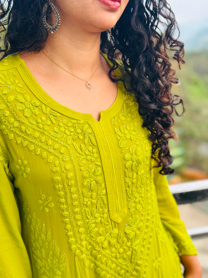 PARROT GREEN SHADE CHIKANKARI KURTI