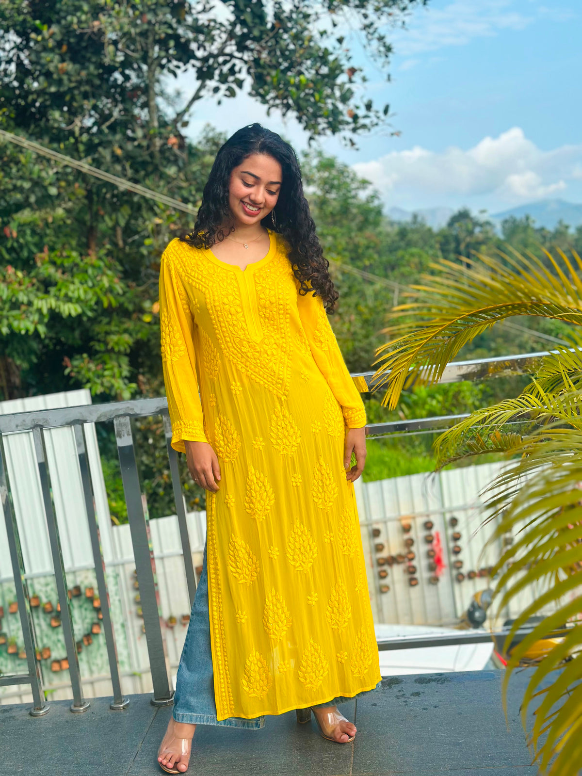 YELLOW SHADE CHIKANKARI KURTI
