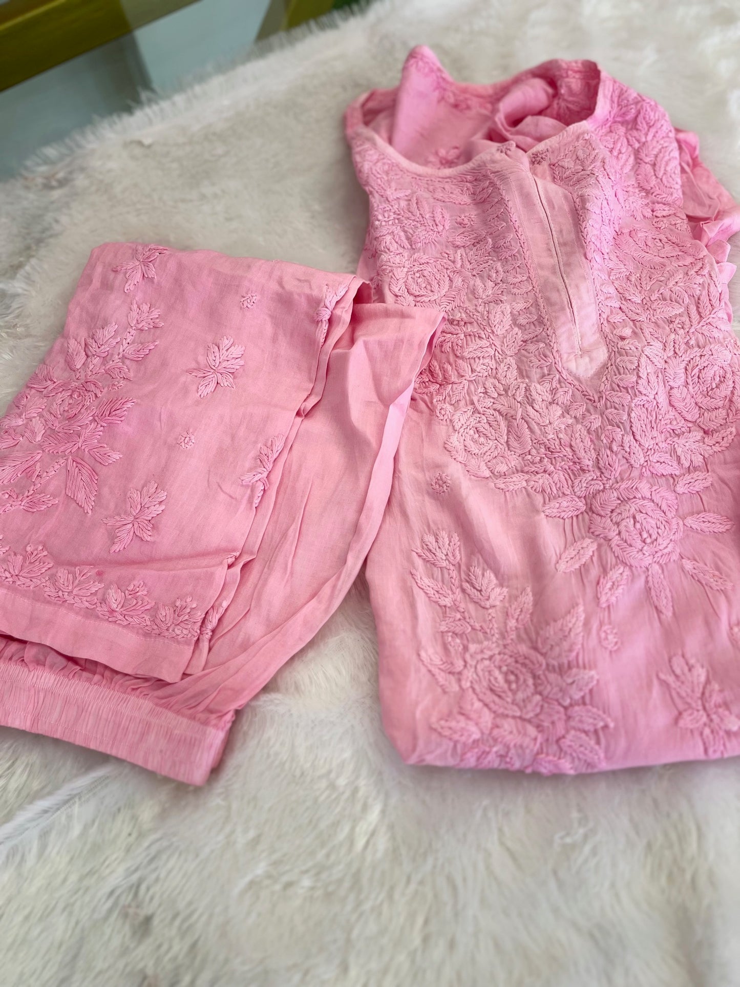 PINK SHADE CHIKANKARI TOP AND BOTTOM SET