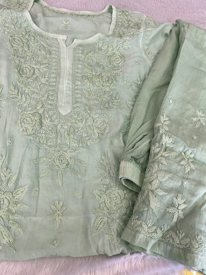 PISTA GREEN  SHADE CHIKANKARI TOP AND BOTTOM SET