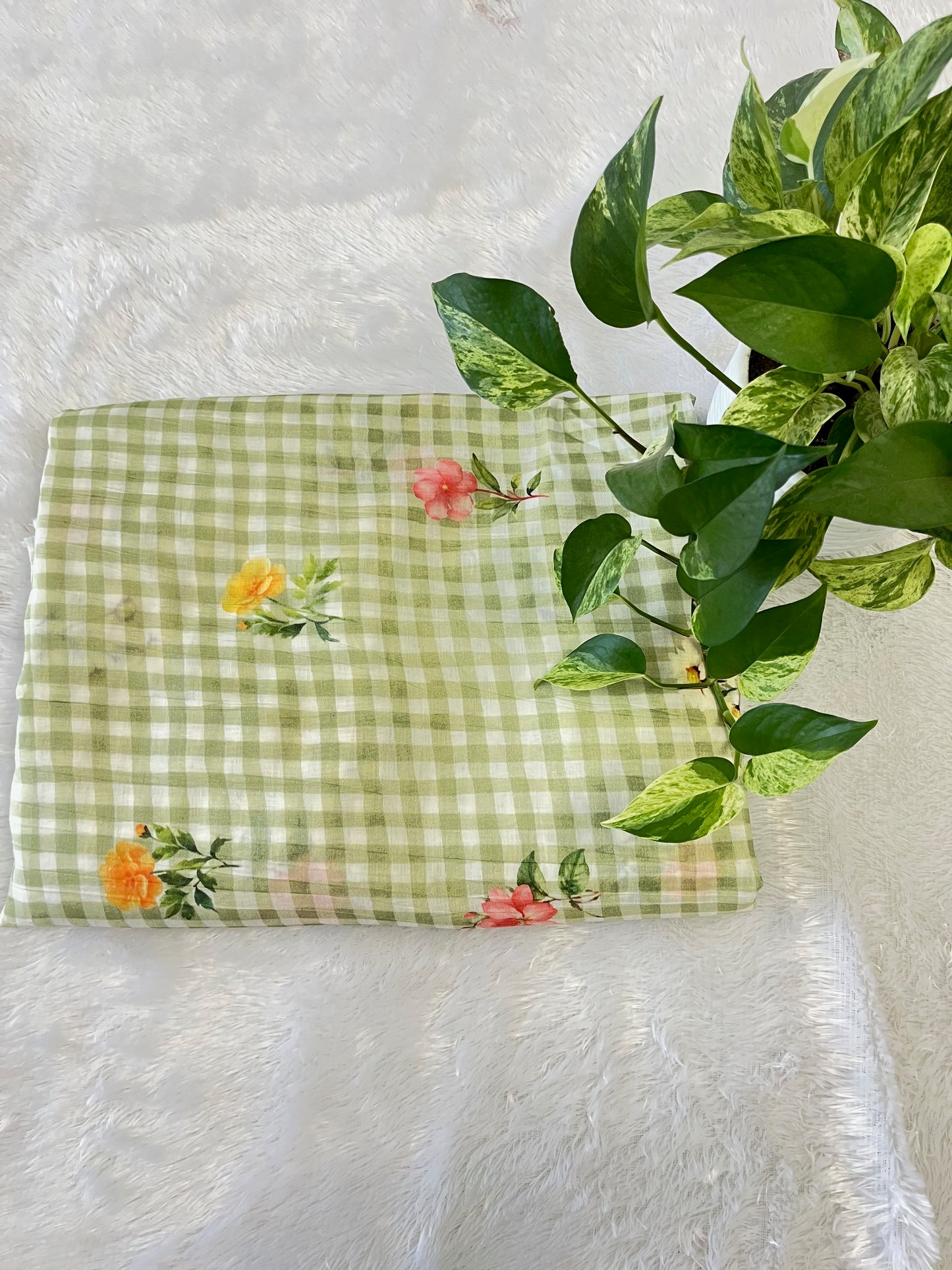 PURE MULCHANDERI CHECK WITH FLORAL PRINT  FABRIC