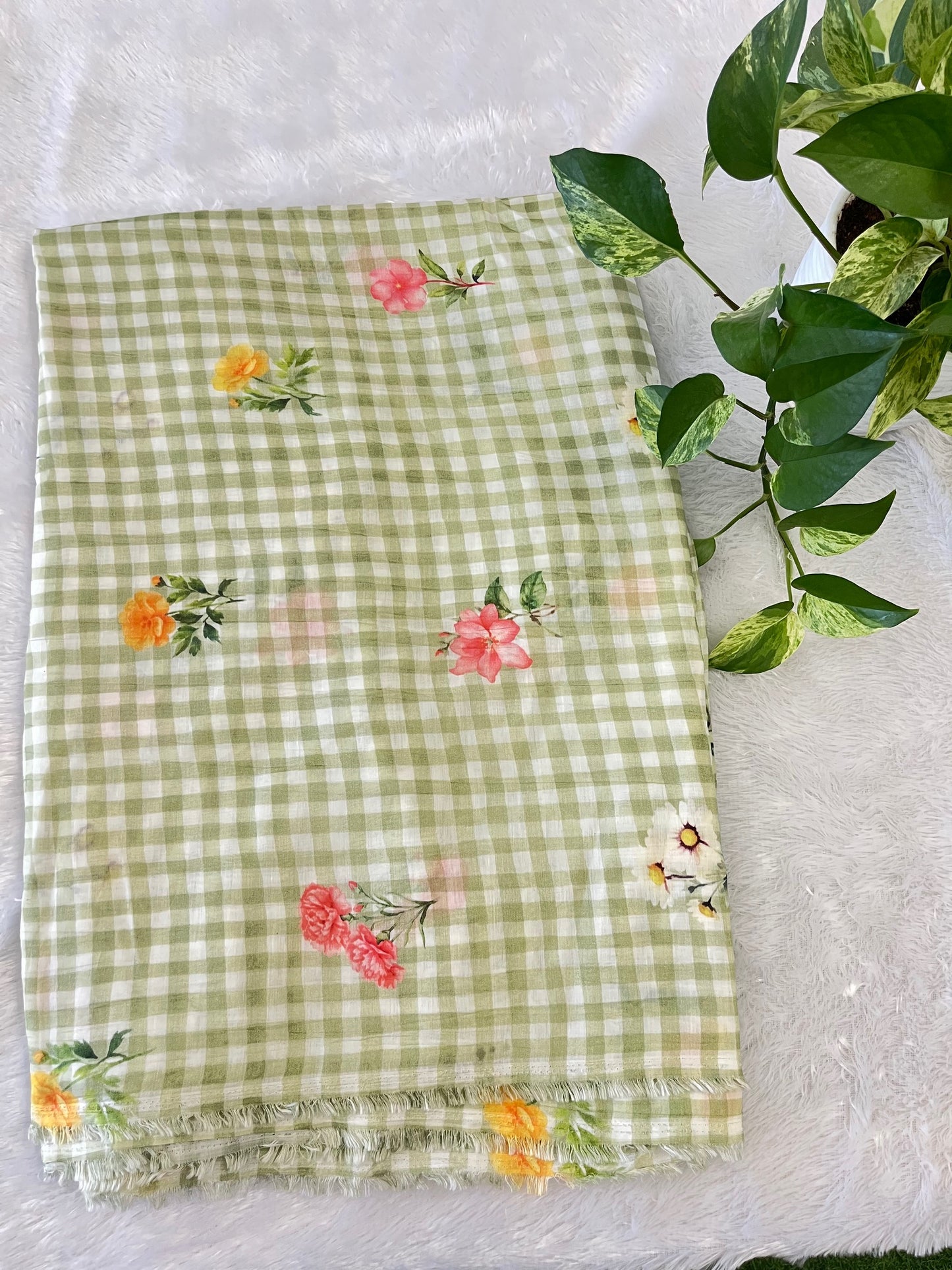 PURE MULCHANDERI CHECK WITH FLORAL PRINT  FABRIC