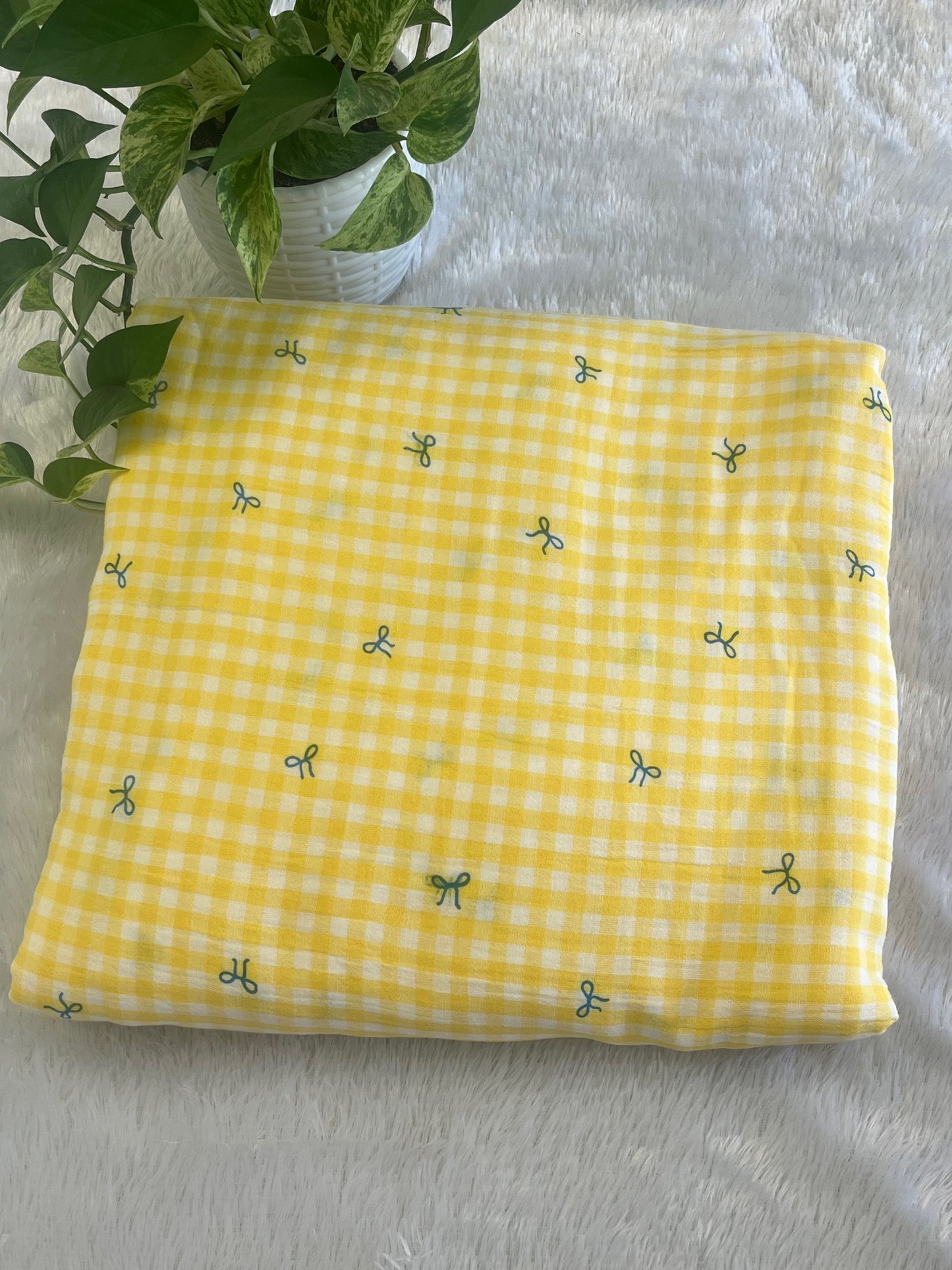 Yellow Shade With Bow Design muslin Fabric