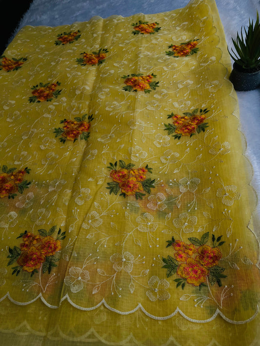 Cute lemon yellow net kota  saree with flower embroidery work