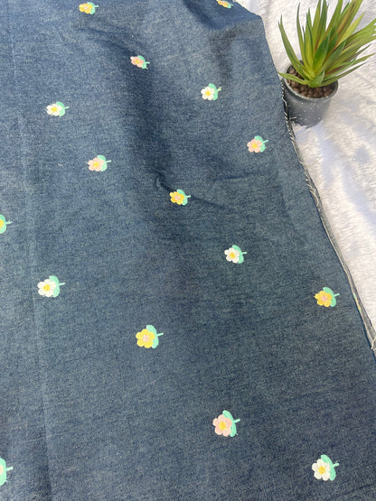 DENIM FABRIC WITH FLOWER EMBROIDERY