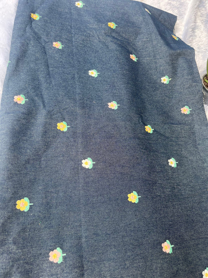DENIM FABRIC WITH FLOWER EMBROIDERY