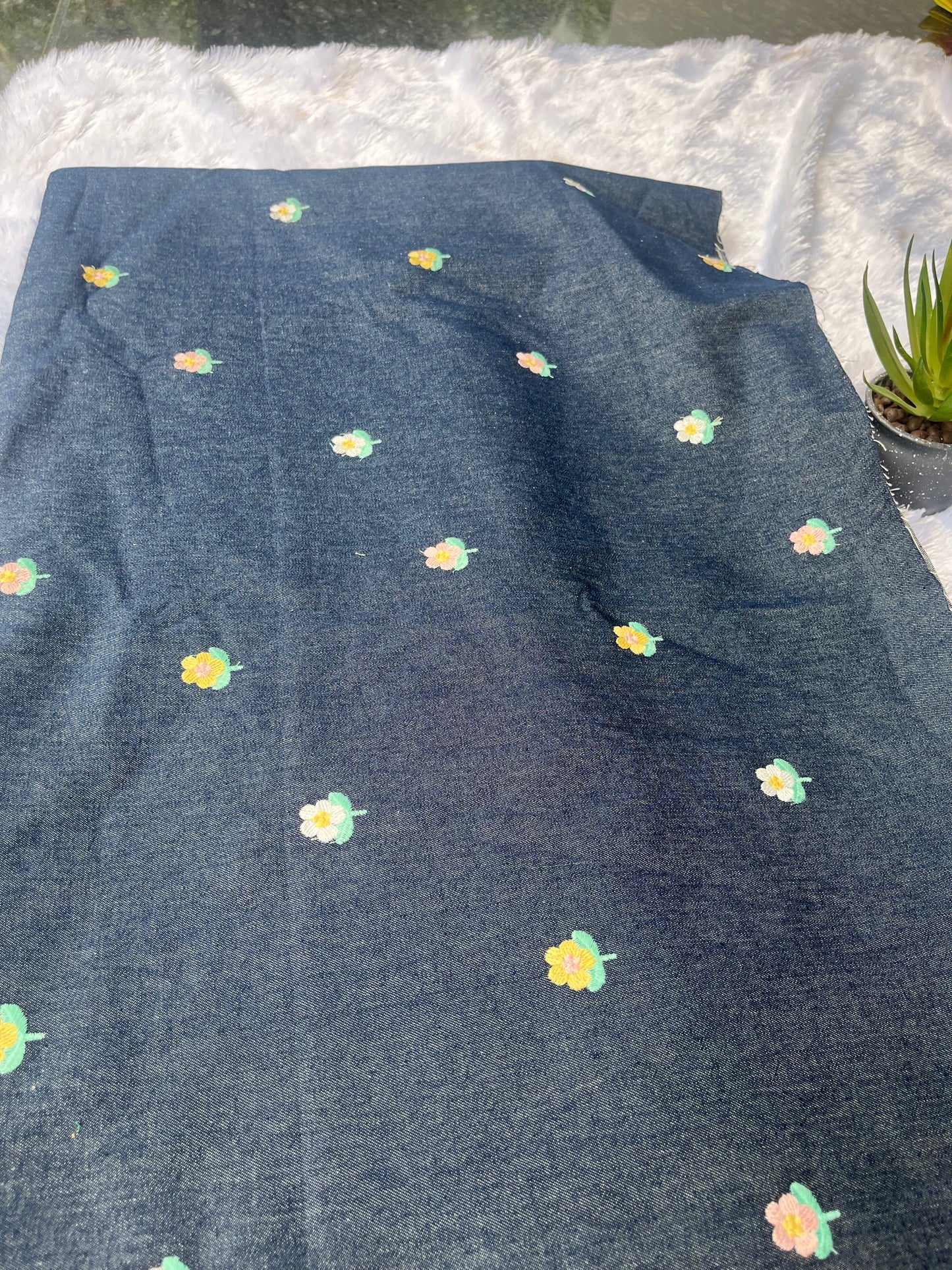 DENIM FABRIC WITH FLOWER EMBROIDERY