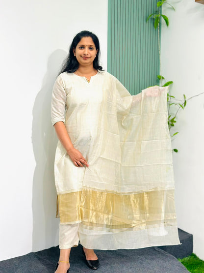 ONAM COLLECTIONS - CHANDERI SILK FULL STITCHED SALWAR SET